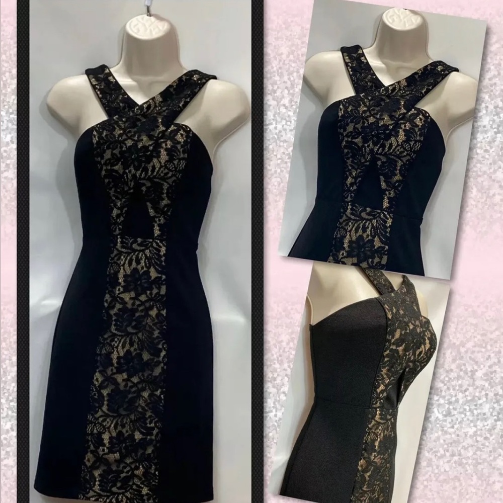 NWT $79 City Studio Black Beige Criss Cross Lace Trim Embellished Dress ~ Size 5